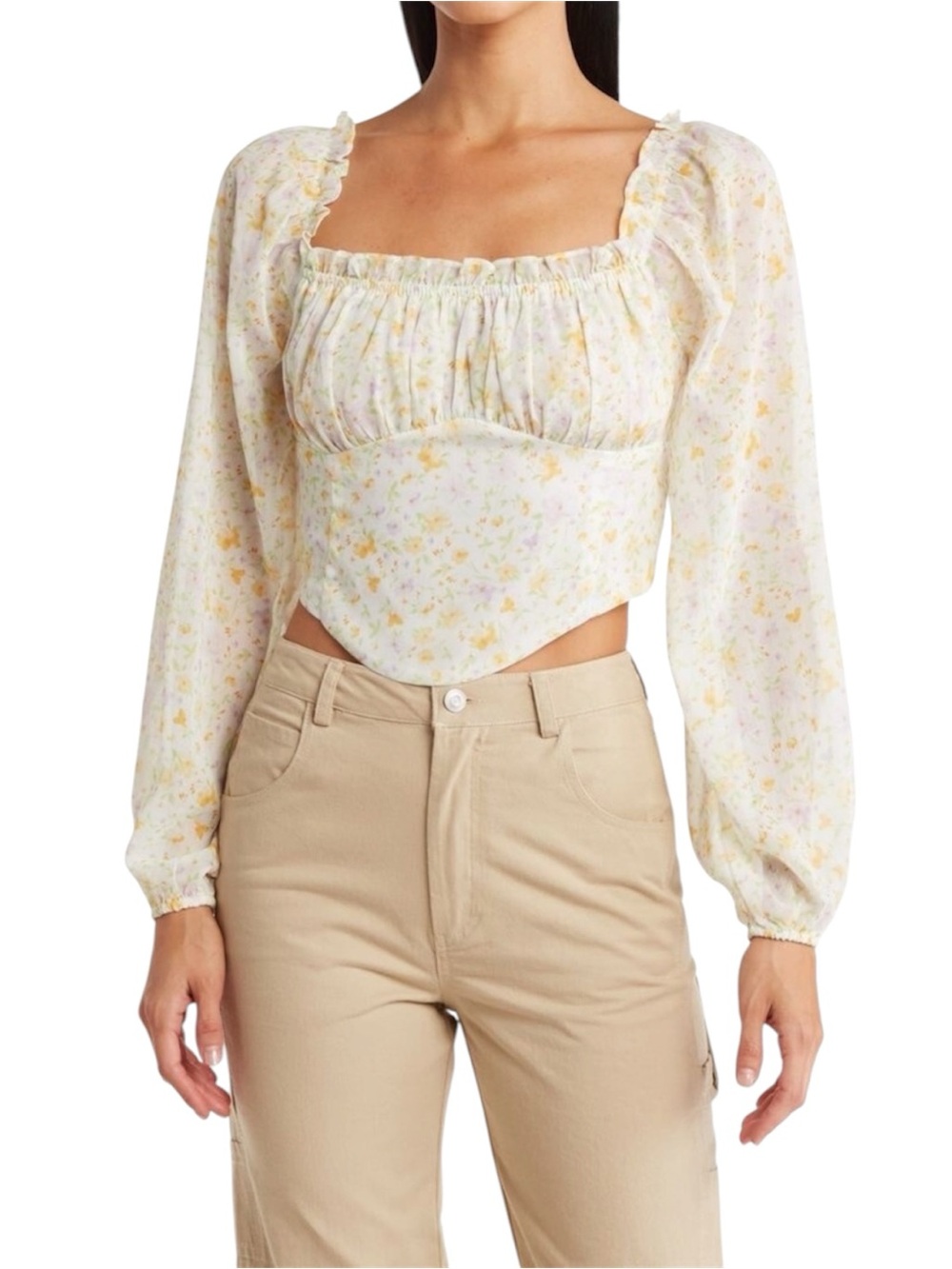 Elodie Floral Square-Neck Long-Sleeve Corset Crop Top